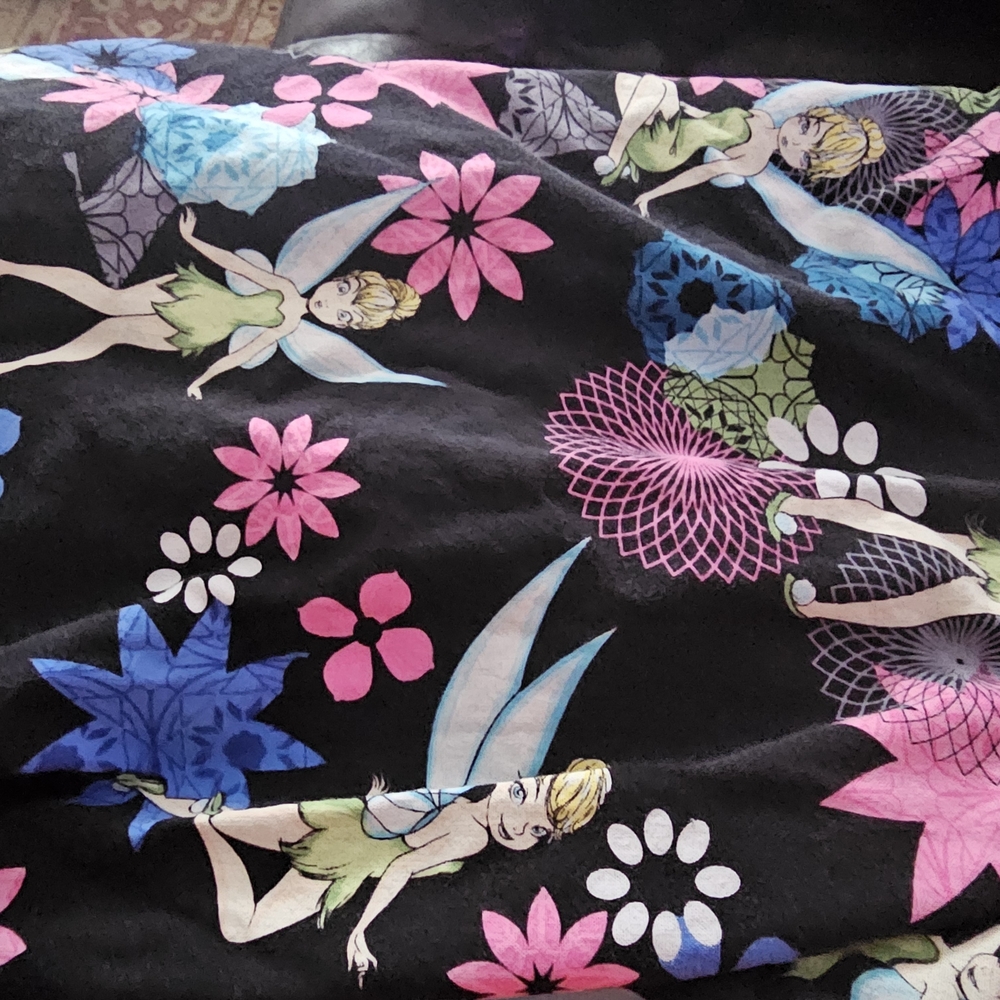 Floral Tinkerbell Print Scrub Top Black With Pink & Blue Accents Size 2x